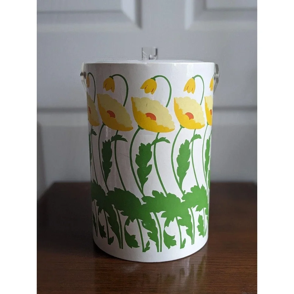 Vtg 1970s Ice Bucket Yellow Poppies Floral Print Padded Vinyl Retro Mid Century